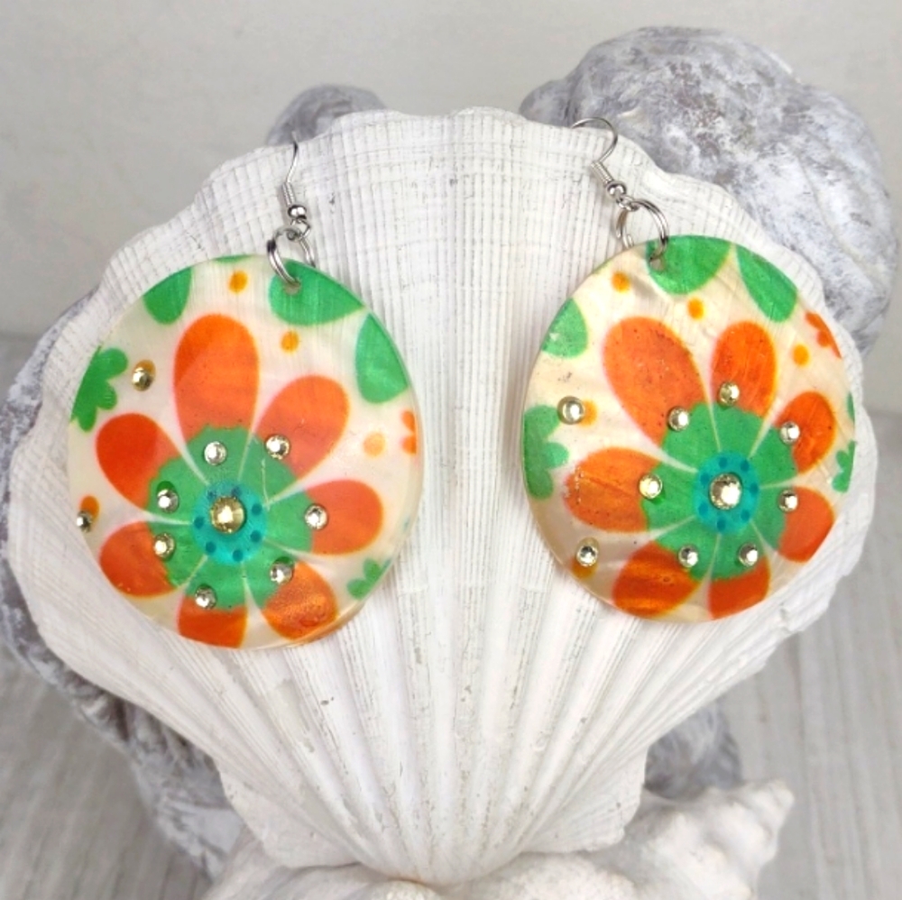 Vintage Painted Abalone Flower & Rhinestone Boho Disc Dangling Earrings